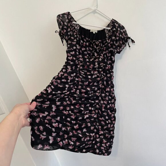 ULTRA FLIRT Black Burgundy Butterfly Print Mesh Tie Neck Y2K Ruched Mini Dress M - Picture 10 of 15